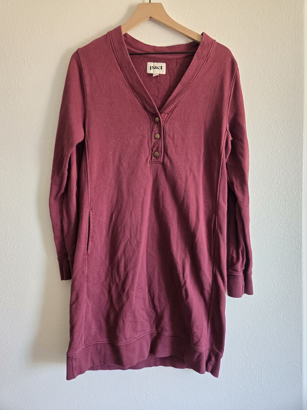 Pact Downtime Henley Long Sleeve Organic Cotton Sweater Dress Burgundy Medium